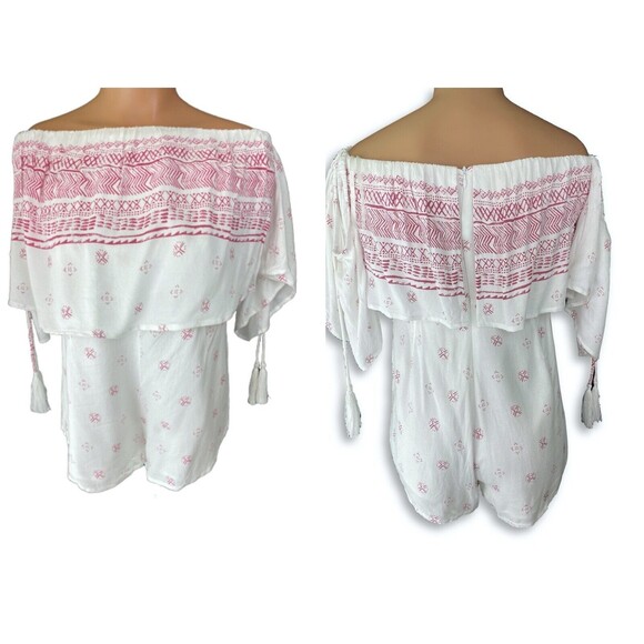 Elan Romper Off Shoulder White & Red Short Sleeves w Tassels Size M Rayon - Picture 2 of 7